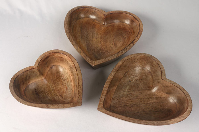 Mango Wood Set Of 3 Heart Bowls